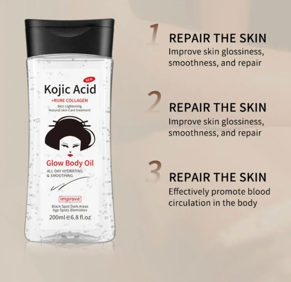 Kojic Acid Glow Body Oil – 200ml | Skin Renewal & Whitening