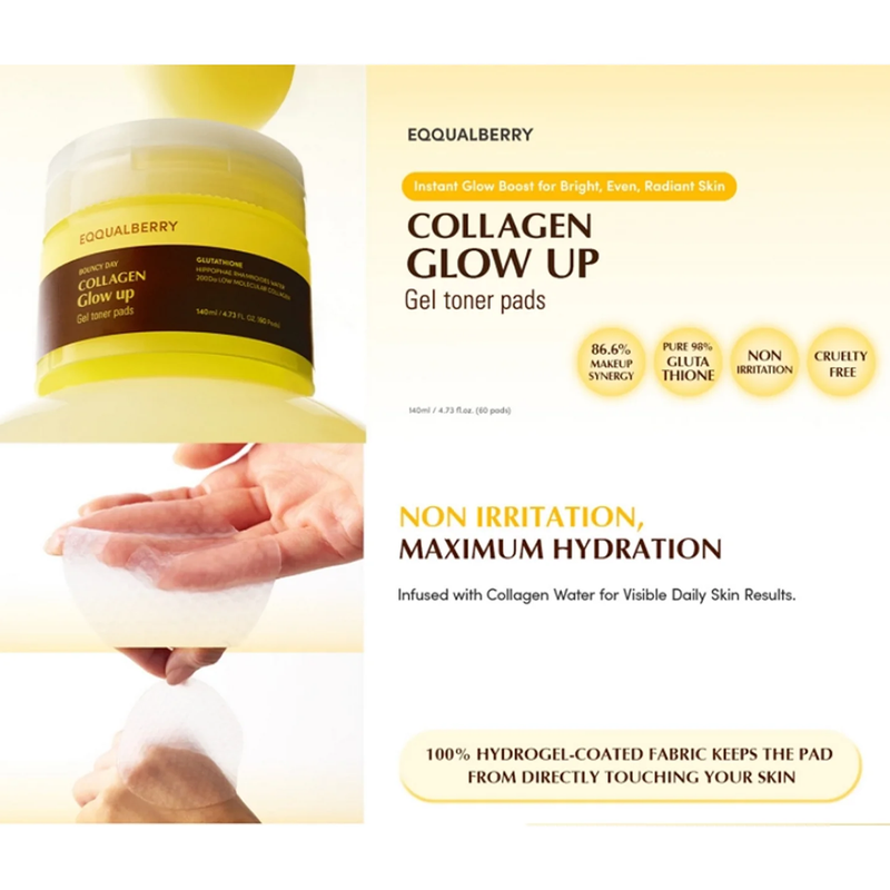 Eqqualberry Bouncy Day Collagen Glow Up Gel Toner Pads 140ml – Pads Éclat & Hydratation