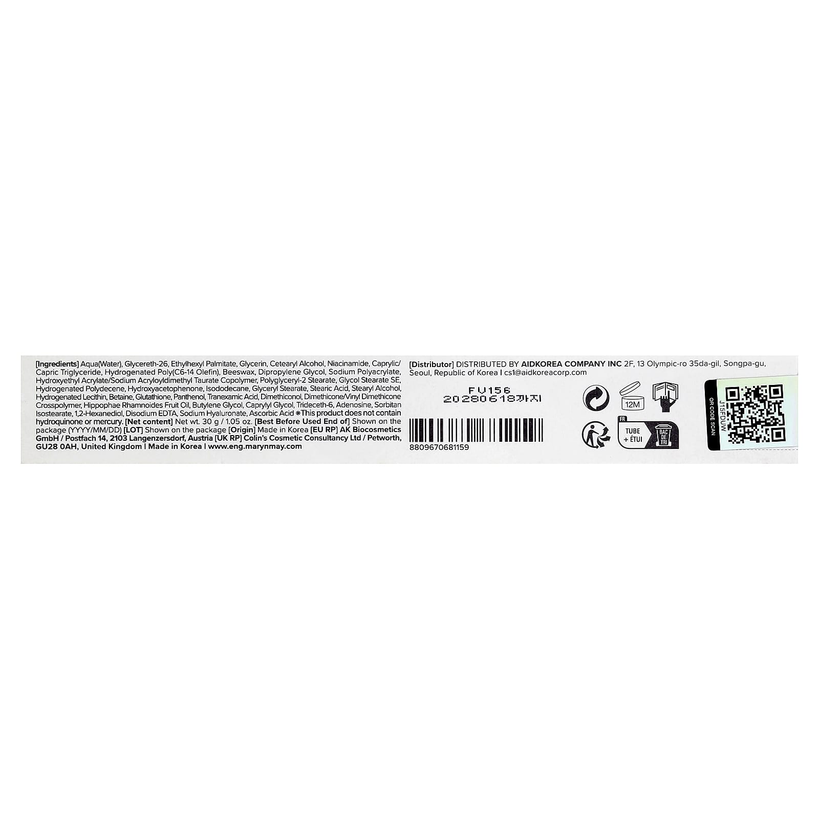 Mary & May Tranexamic Acid + Glutathione Eye Cream 30g – Soin Contour des Yeux Éclat & Anti-Cernes