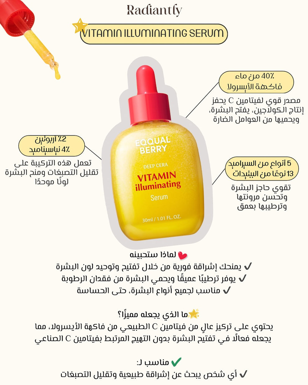 Equalberry Brightening Vitamin Serum for Skin Brightening and Spot Correction - 30ml