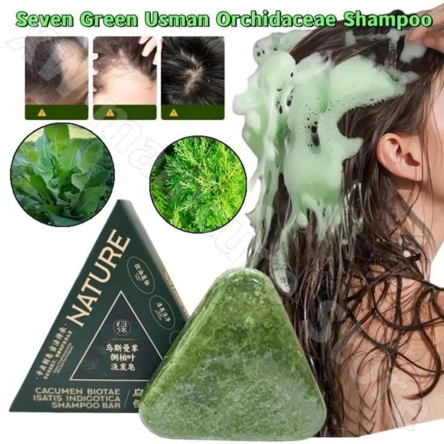Nature Triangle Shampoo Bar, Usman Grass 𝐒hampoo Bar, Calming & Strengthens Hair for Women and Mens