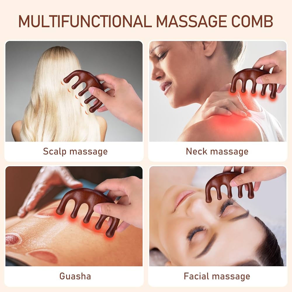 Peigne de Massage en Bois de Santal – Scalp & Relaxation Multi-Usage